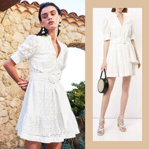 Rebecca Vallance | NWT Valentina White Cotton Heart Eyelet Belted Shirt Dress 0